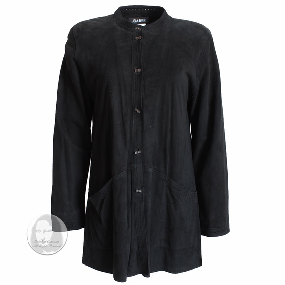 Jean Muir Black Suede Jacket with Perforated Trim and Lucite Buttons Vintage Sz8 - Picture 1 of 9